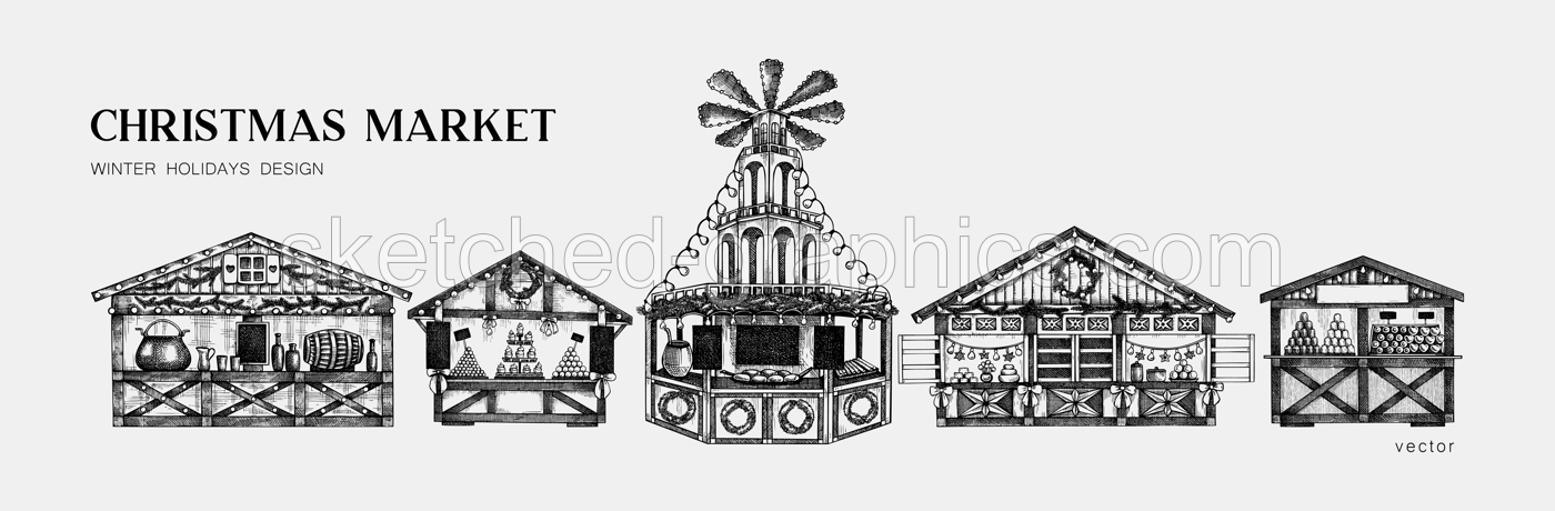 Christmas market sketches set. Hand drawn vector illustration. European traditional winter holiday marketplace design elements. Wooden stall kiosk, candy shop, bakery, fast food, mulled wine drawings Illustration